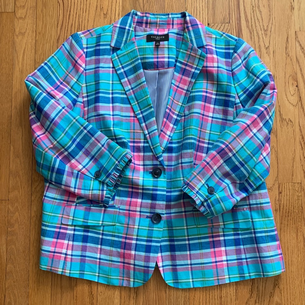 Talbots Plaid Blazer with Ruffle Sleeve